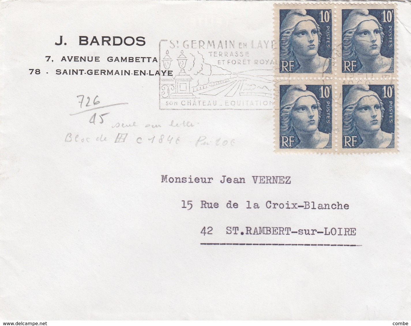 LETTRE . BLOC DE 4  N° 726 MARIANNE GANDON - 1945-54 Marianne De Gandon