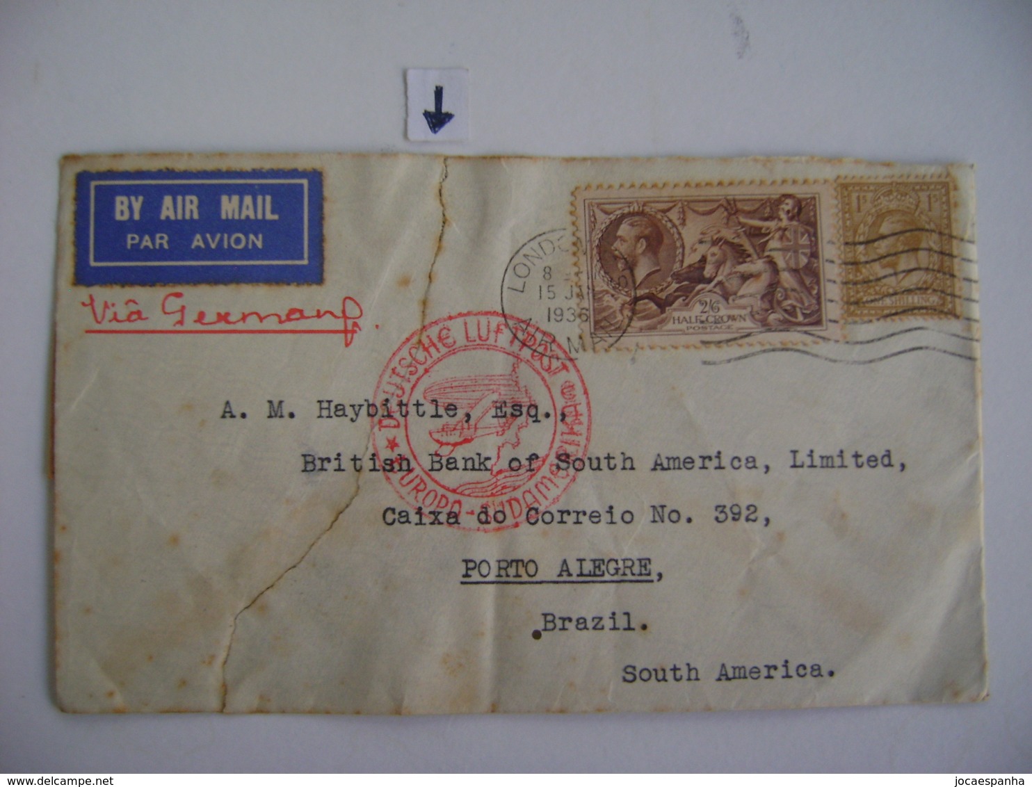 ENGLAND - LETTER SENT FROM LONDON TO PORTO ALEGRE (BRAZIL) RESTORED IN 1936 IN THE STATE - Briefe U. Dokumente