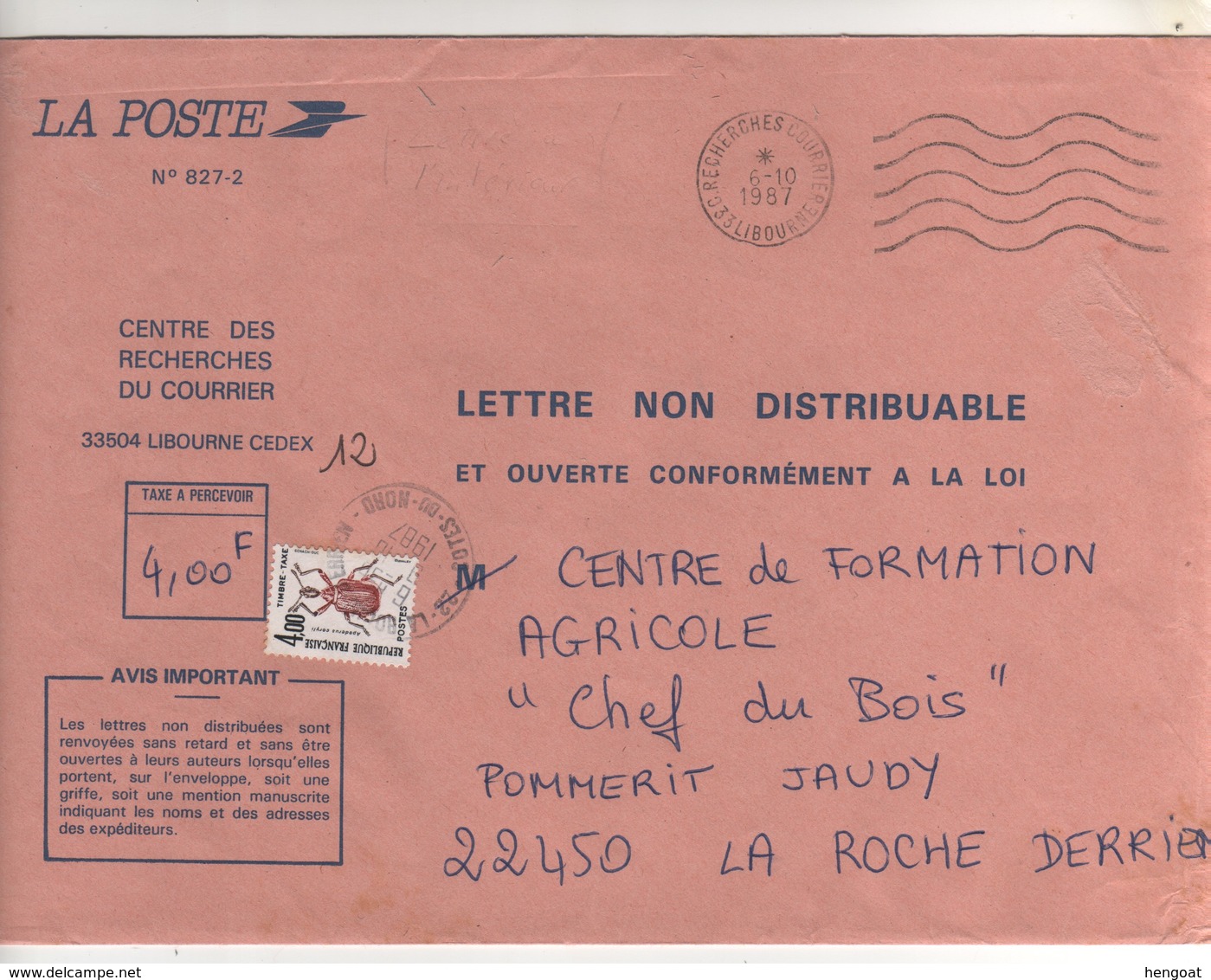 : Beau Timbre Taxe " Insecte ", Stamp  Yvert 108 Sur Lettre Du 06/10/1987 Non Distribuable Ouverte Coformément à La Loi - Lettres & Documents