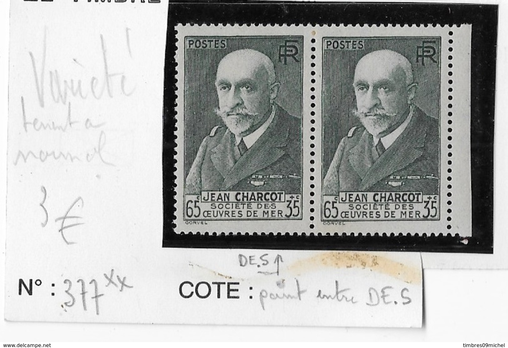 France N° 377**, Variété (point Entre DE.S Tenant à Normal - Unused Stamps