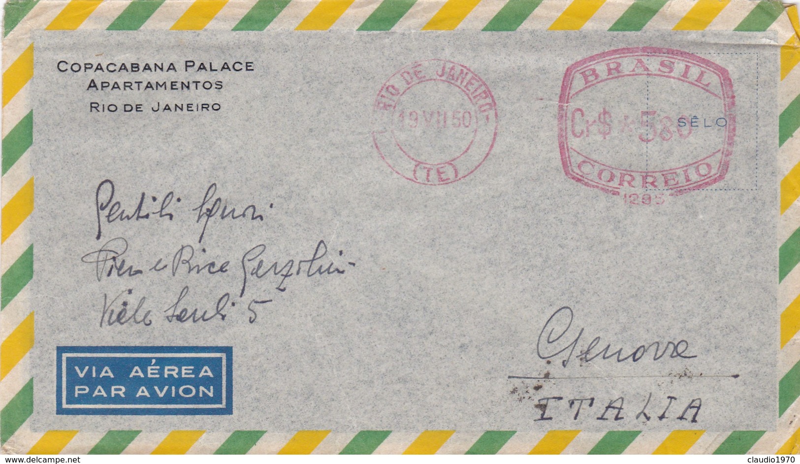 BRASILE- BUSTA VIAGGIATA BY AIR MAIL -  RIO DE JANEIRO - APARTAMENTOS - COPACABANA PALACE- VIAGGIATA PER GENOVA - ITALY - Franking Labels