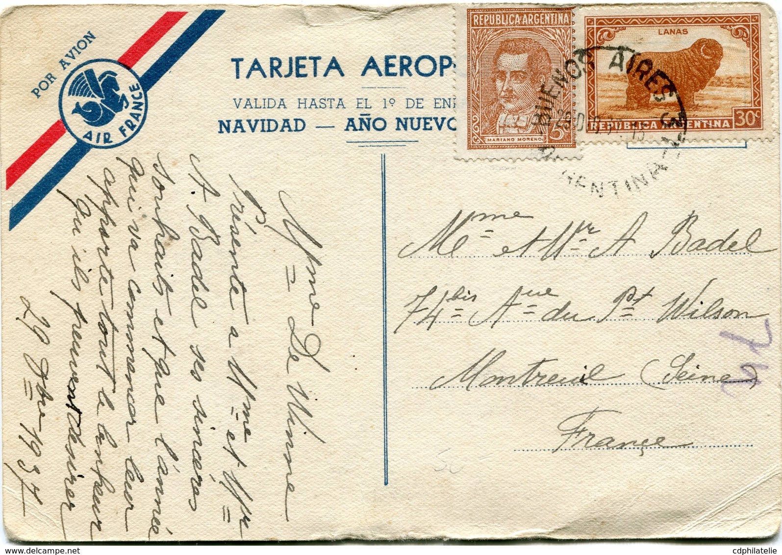 ARGENTINE CARTE POSTALE PAR AVION AIR FRANCE DEPART BUENOS AIRES 29 DIC 37 ARGENTINA POUR LA FRANCE - Poste Aérienne