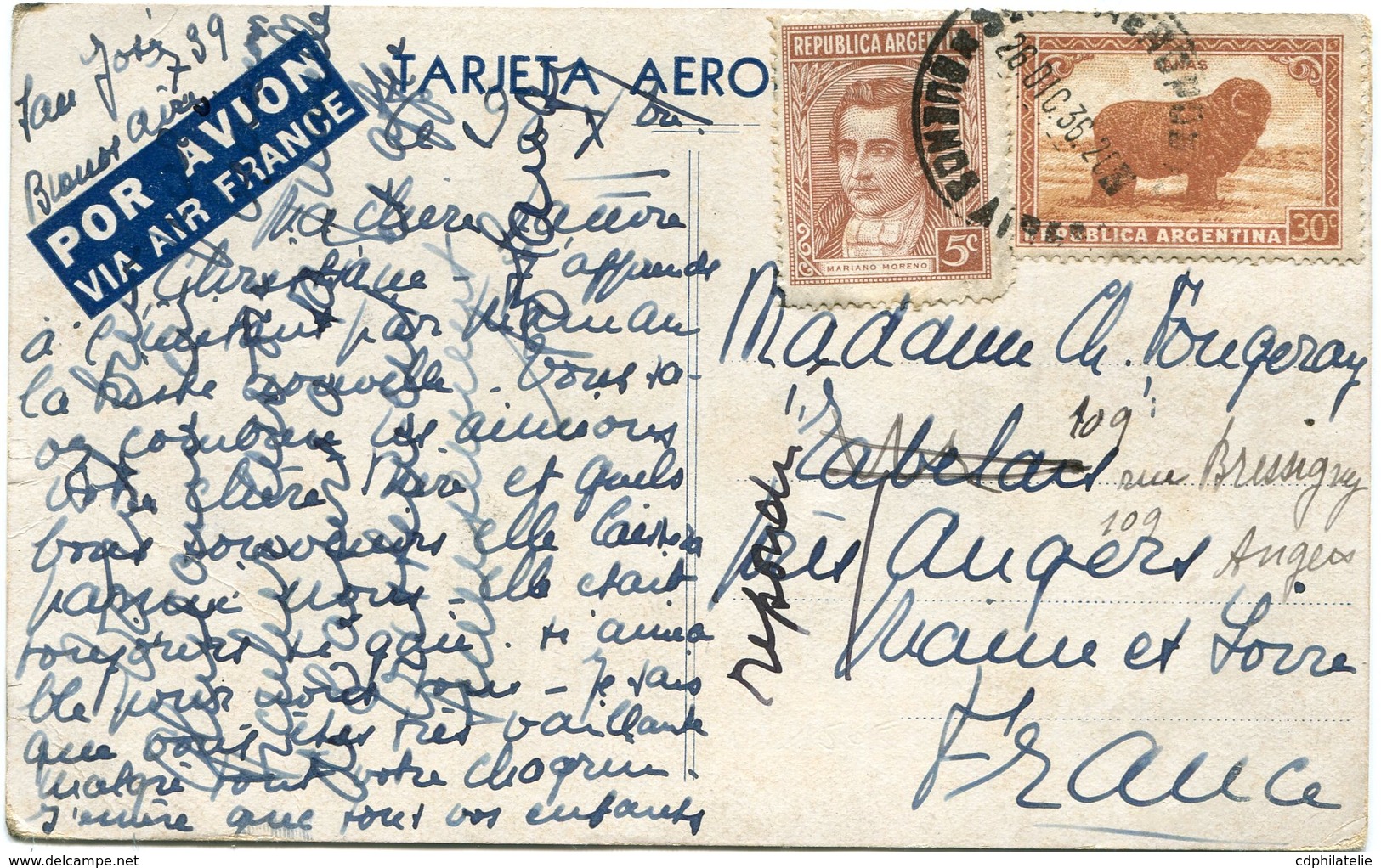 ARGENTINE CARTE POSTALE PAR AVION AIR FRANCE DEPART BUENOS AIRES 26 DIC 36 POUR LA FRANCE - Posta Aerea