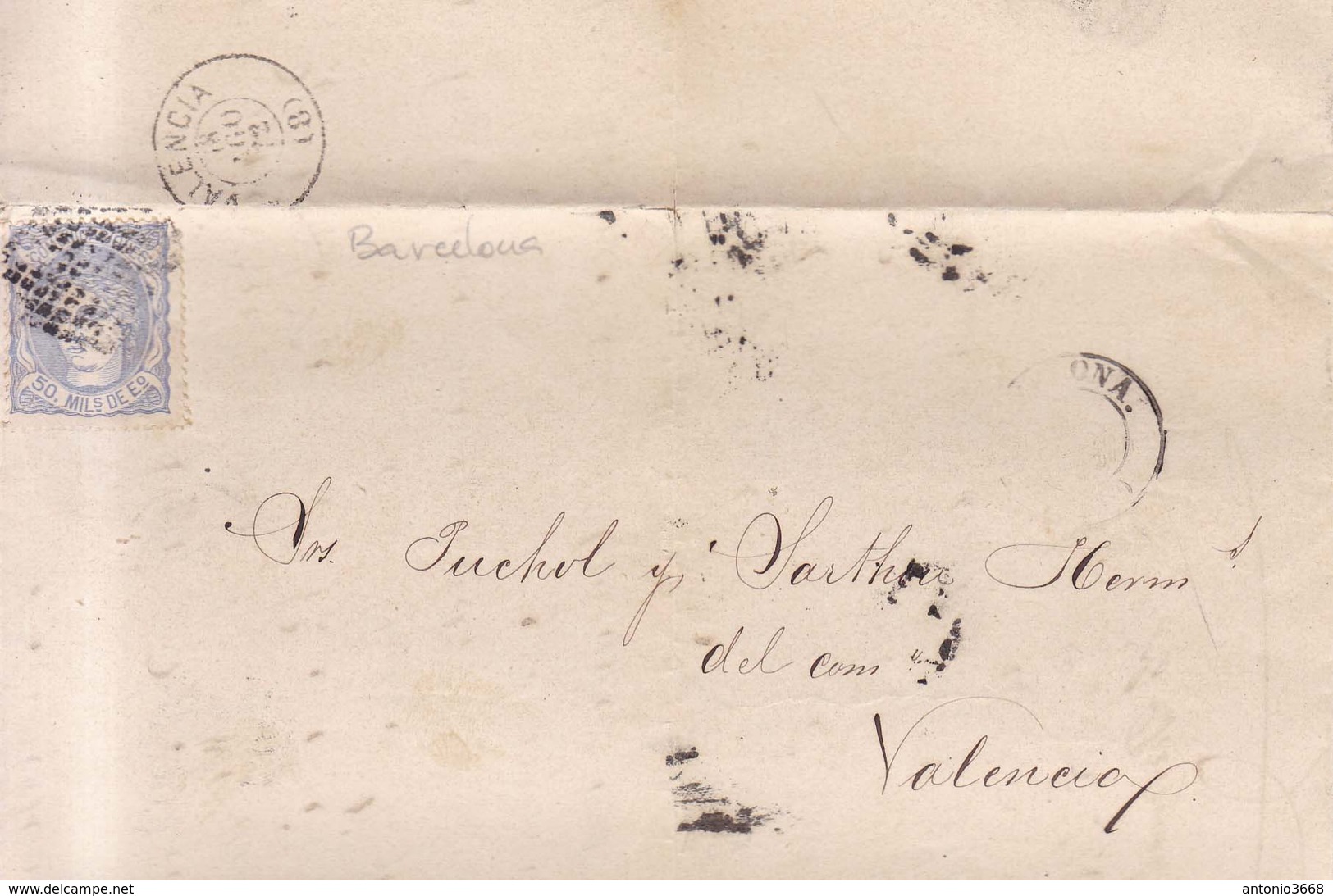 Año 1870 Edifil 107 Efigie Carta Matasellos Rombo Barcelona  Dirigida A Valencia Membrete Viuda Marti Codolar - Storia Postale