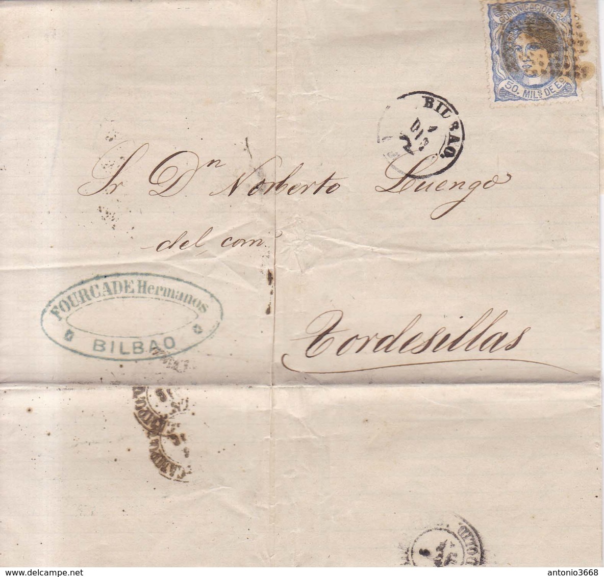 Año 1870 Edifil 107 50m Sellos Efigie Carta   Matasellos Rombo Bilbao,a Tordesillas Membrete Fourcade Hermanos - Storia Postale