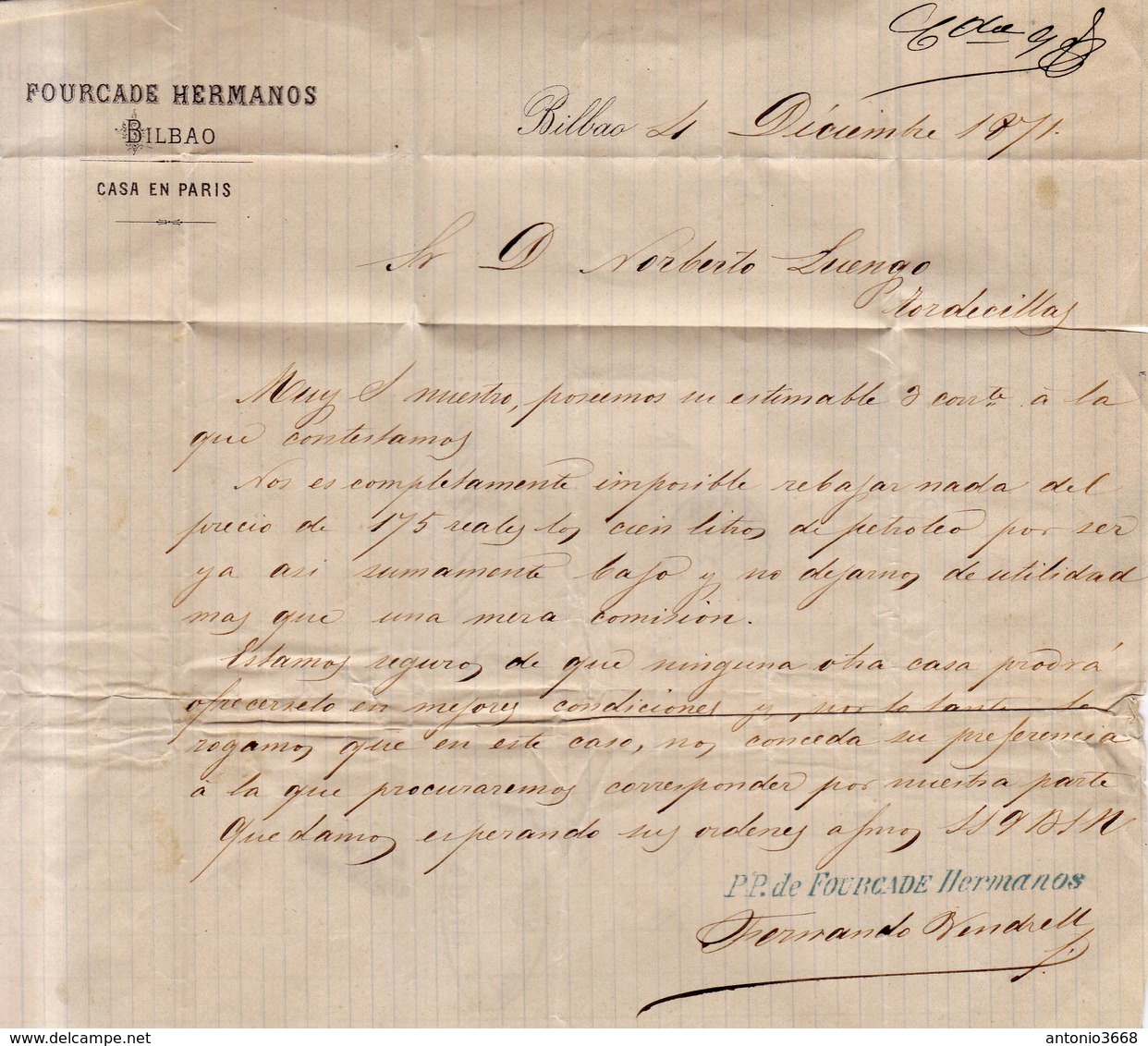 Año 1870 Edifil 107 50m Sellos Efigie Carta   Matasellos Rombo Bilbao,a Tordesillas Membrete Fourcade Hermanos - Briefe U. Dokumente