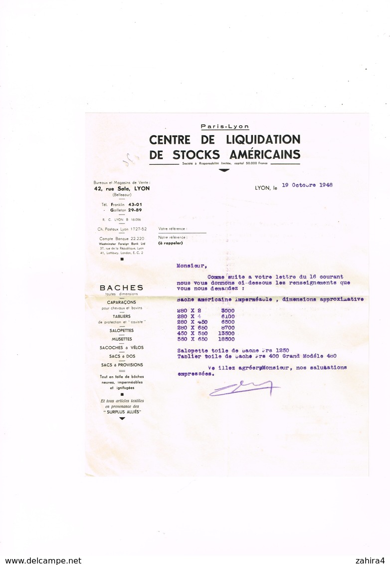 Paris-Lyon - Centre De Liquidation De Stocks Américains Lyon Bache Caparaçon Tablier Salopette Musette Sacoche Vélo Sacs - Publicités