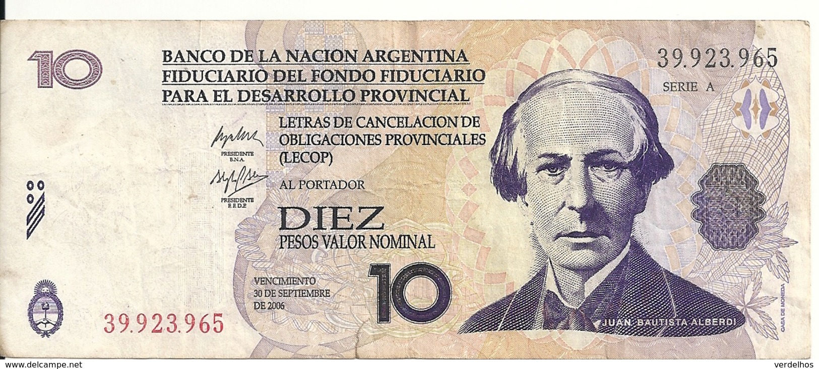 ARGENTINE 10 PESOS LECOP 2006 VF - Argentine