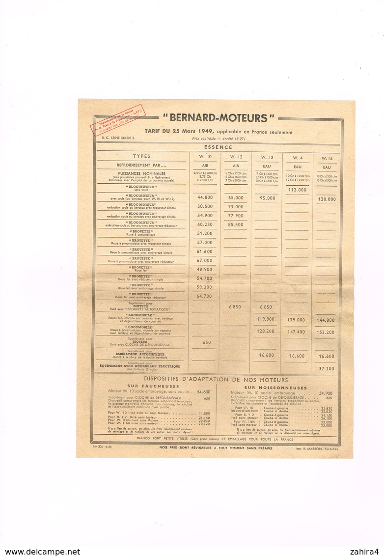 S.A Bernard-Moteurs Paris 17e - Tarif Bloc-moteur Brouette Locomobile Embrayage Automatique Groupe Moto-pompe... - Publicités