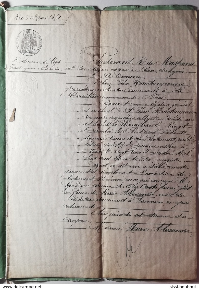 RARE - Acte Très Ancien Du 5 Mars 1871 à NERAC - Timbre Impérial à 1,50F & Timbre Sec "Timbre Impérial" - Timbri Generalità