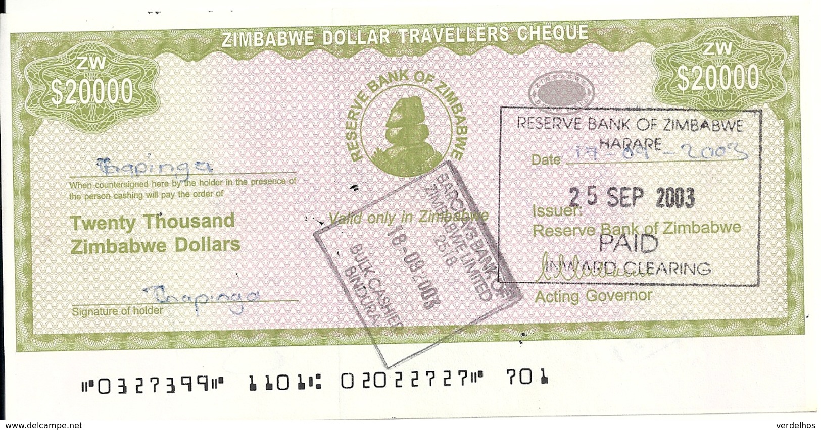 ZIMBABWE  20000 DOLLARS 2003 AUNC P 18 - Zimbabwe