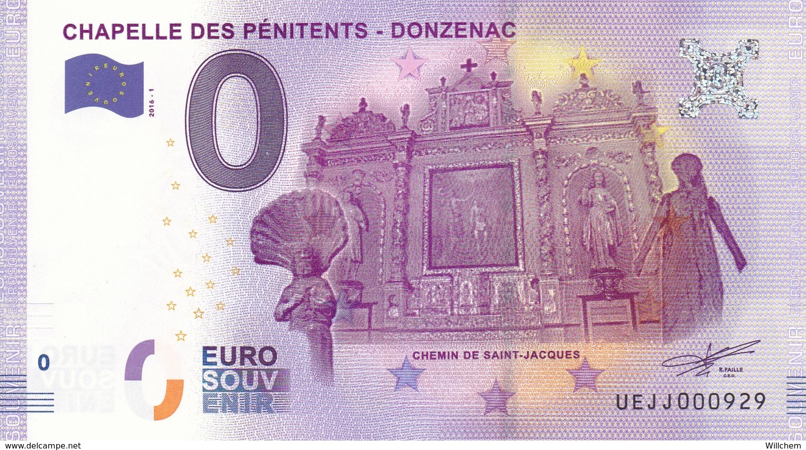 FRANCE / Billet Touristique / Souvenir 0 €uro - 2016 " CHAPELLE DES PENITTENTS - DONZENAC ". - Essais Privés / Non-officiels