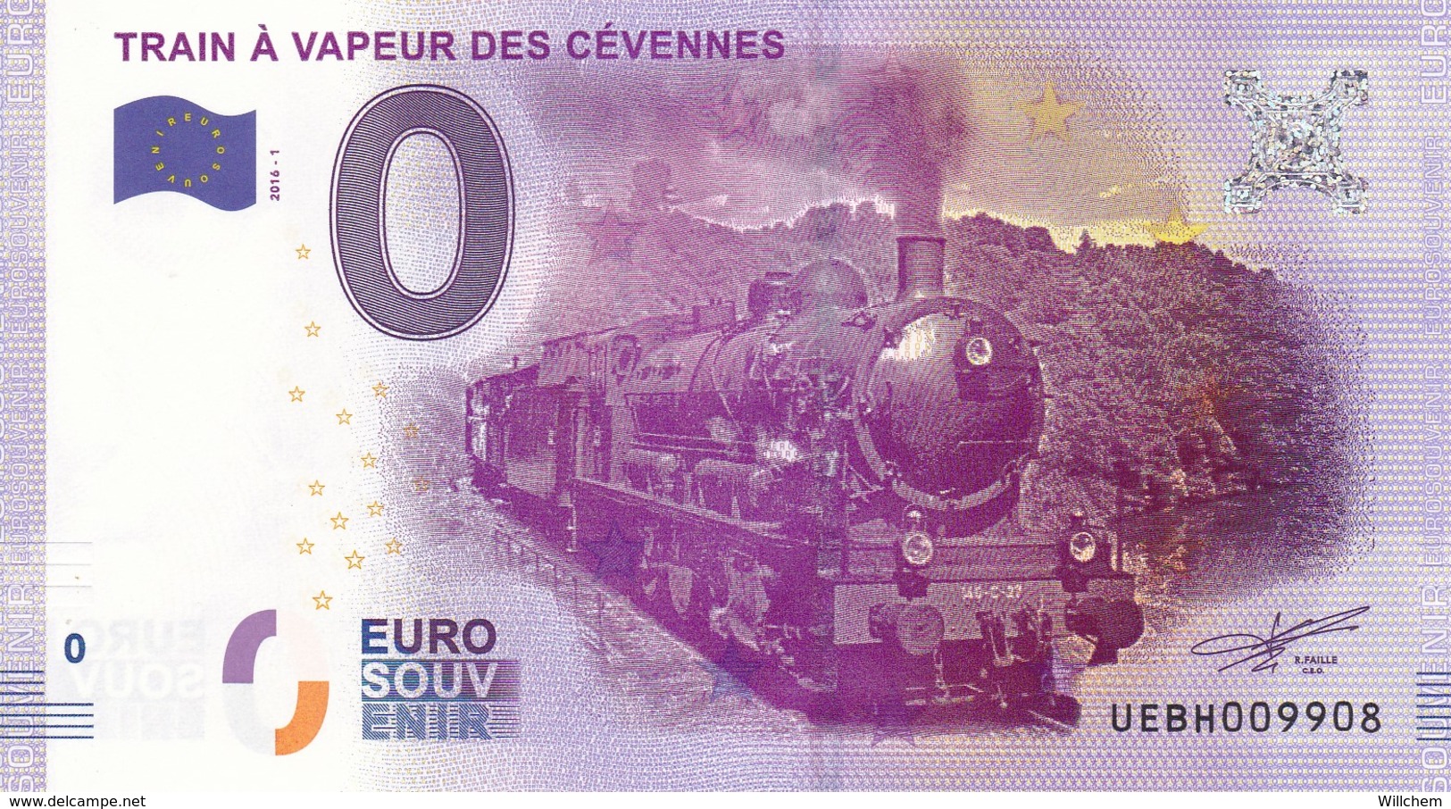 FRANCE / Billet Touristique / Souvenir 0 €uro - 2016 " TRAIN A VAPEUR DES CEVENNES ". - Essais Privés / Non-officiels