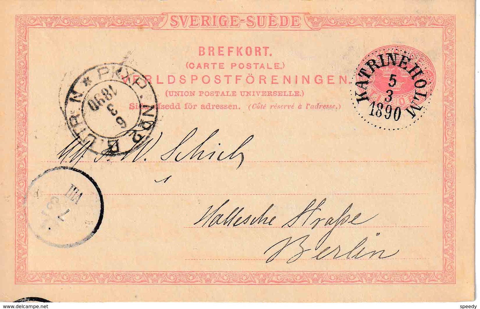 ZWEDEN BAHNPOST / AMBULANT  :  ENTIER  / GS "KATRINEHOLM 5.3.1890" Naar Berlin + "PKXP . N° 2 B UTR. N / 6.3.1890" - Autres & Non Classés