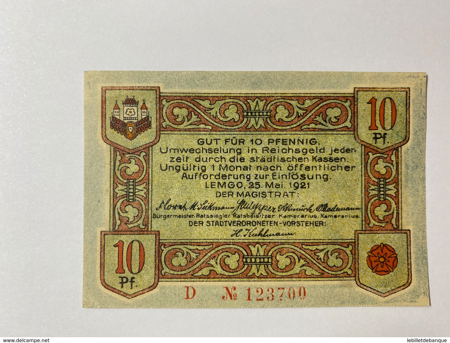 Allemagne Notgeld Lemgo 10 Pfennig - Collections