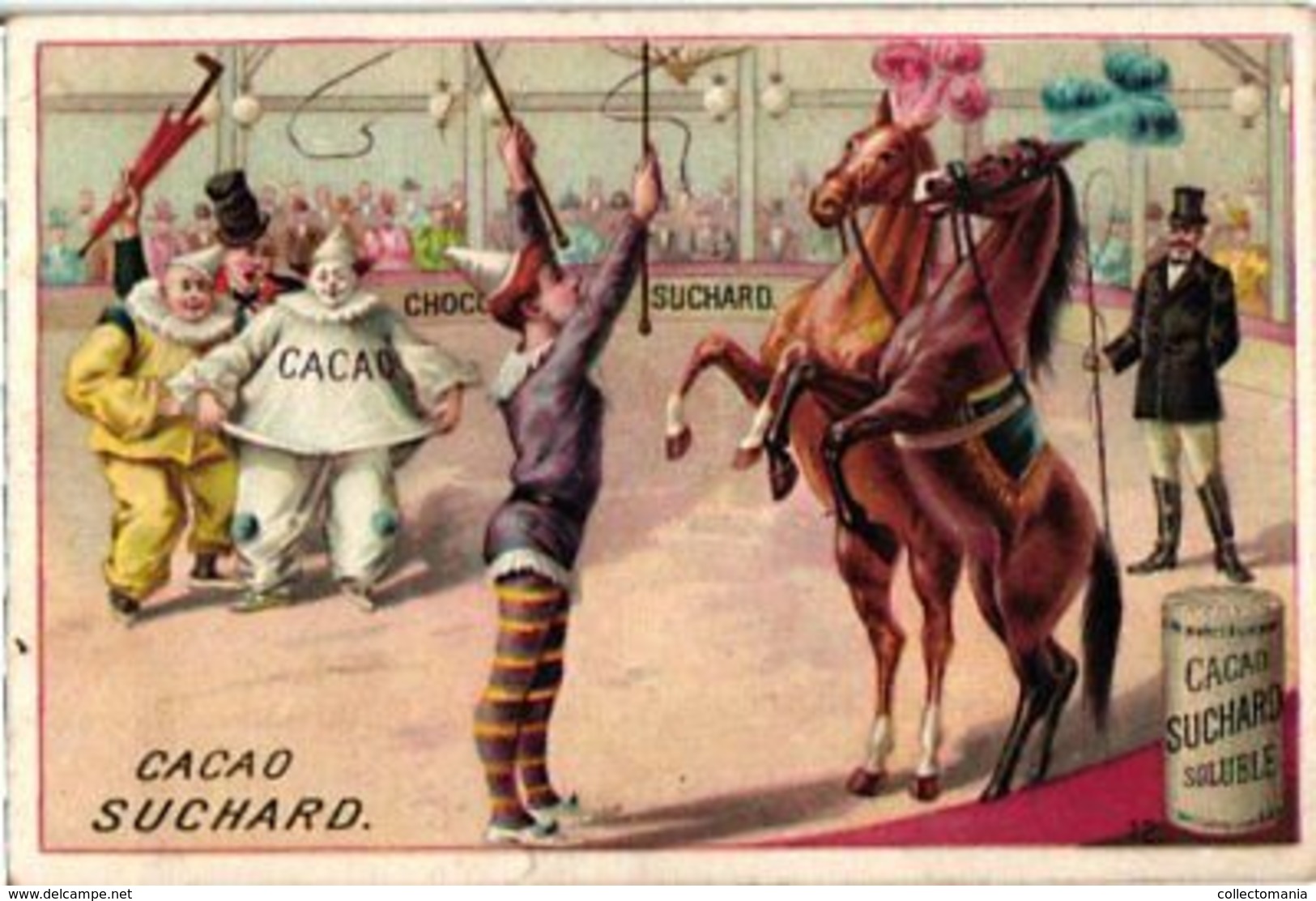 6 Chromo Litho Cards Swiss Chocolate SUCHARD Set68B  C1898 Circus Scenes Clowns Taming Litho Suisse Humor VG - Suchard