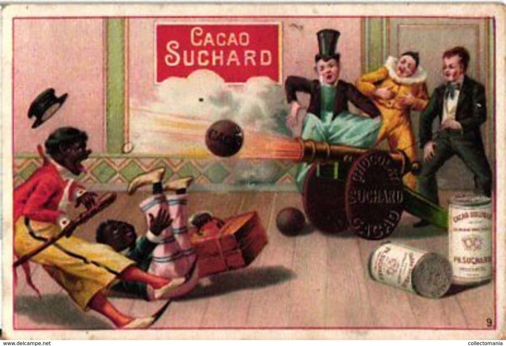 6 Chromo Litho Cards Swiss Chocolate SUCHARD Set68B  C1898 Circus Scenes Clowns Taming Litho Suisse Humor VG - Suchard