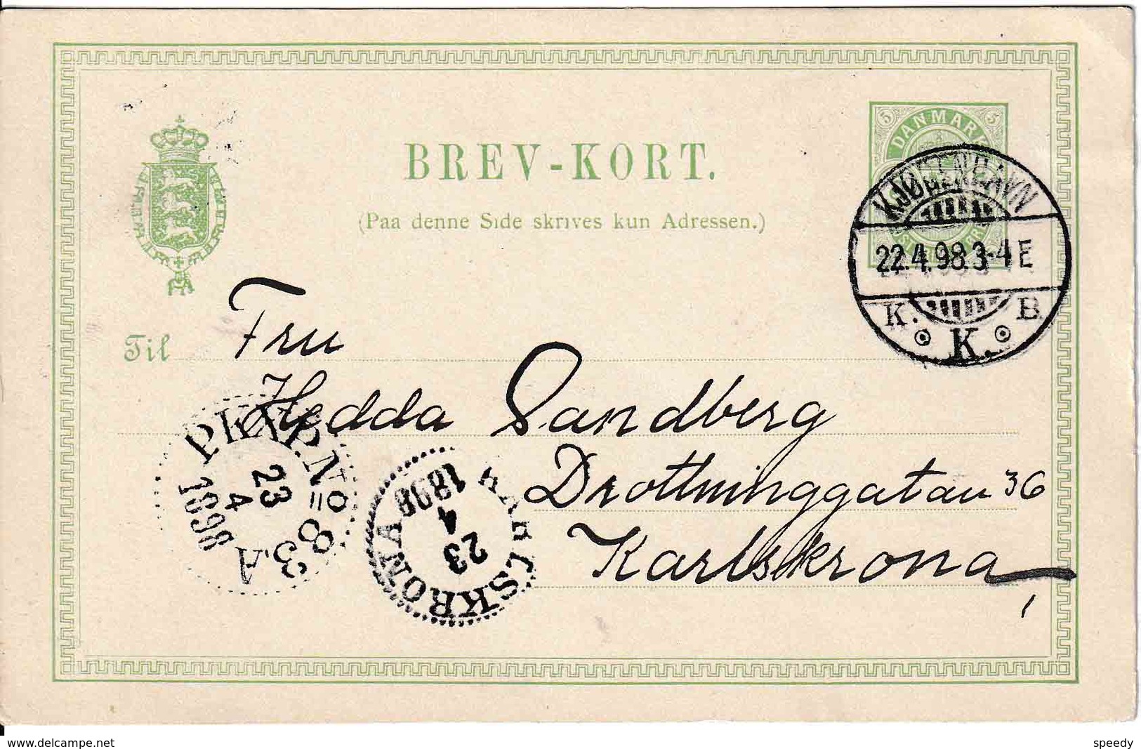 ZWEDEN BAHNPOST / AMBULANT  :  ENTIER / GS  "KJOBENHAVN 22.4.98"  + "PKXP.N° 83 A / 23.4.1898" - Sonstige & Ohne Zuordnung