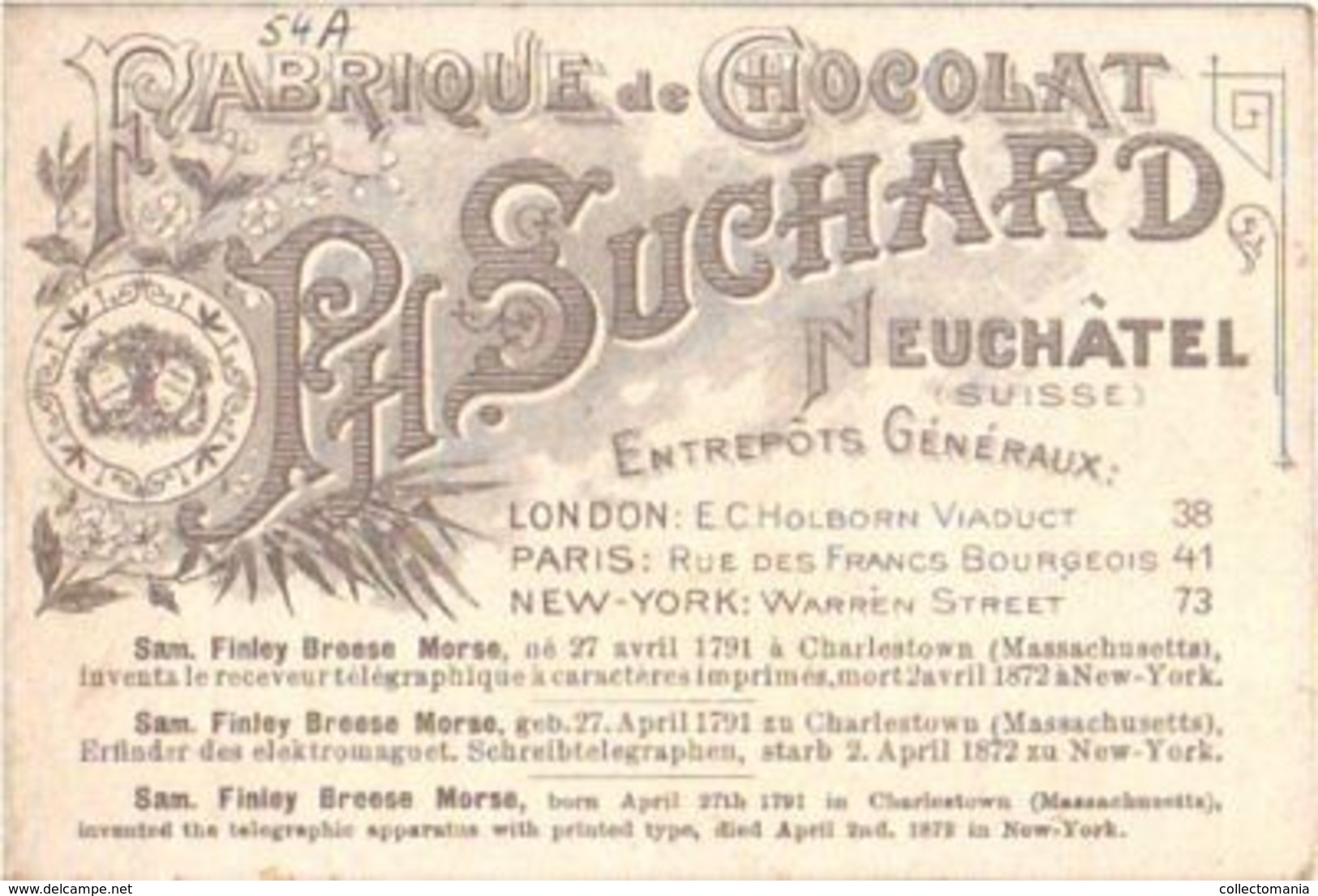 6 chromo litho cards chocolate SUCHARD set 54 B c1896  Stephenson Morse Daguerre Pasteur Rontgen Howe