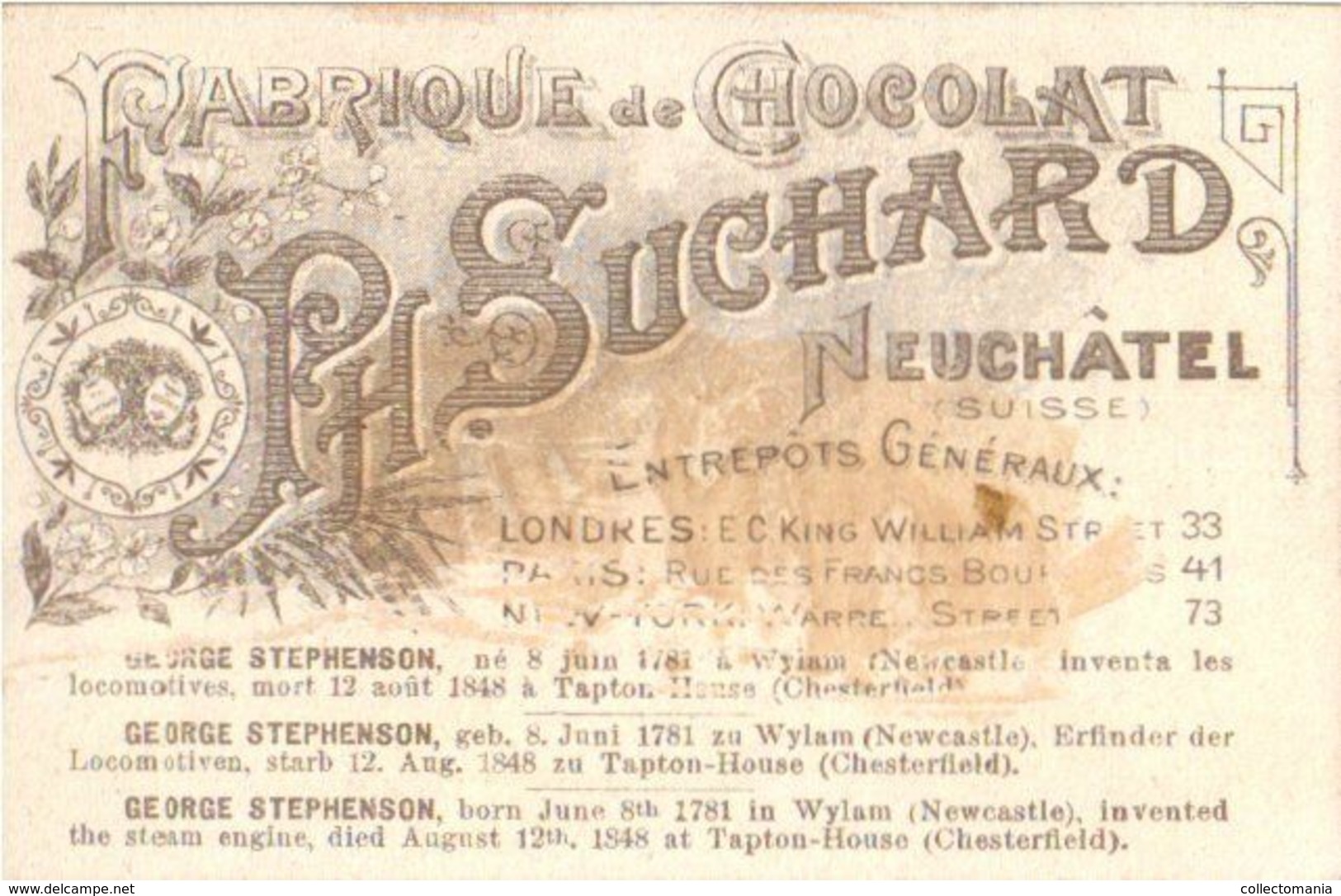 6 chromo litho cards chocolate SUCHARD set 54 B c1896  Stephenson Morse Daguerre Pasteur Rontgen Howe