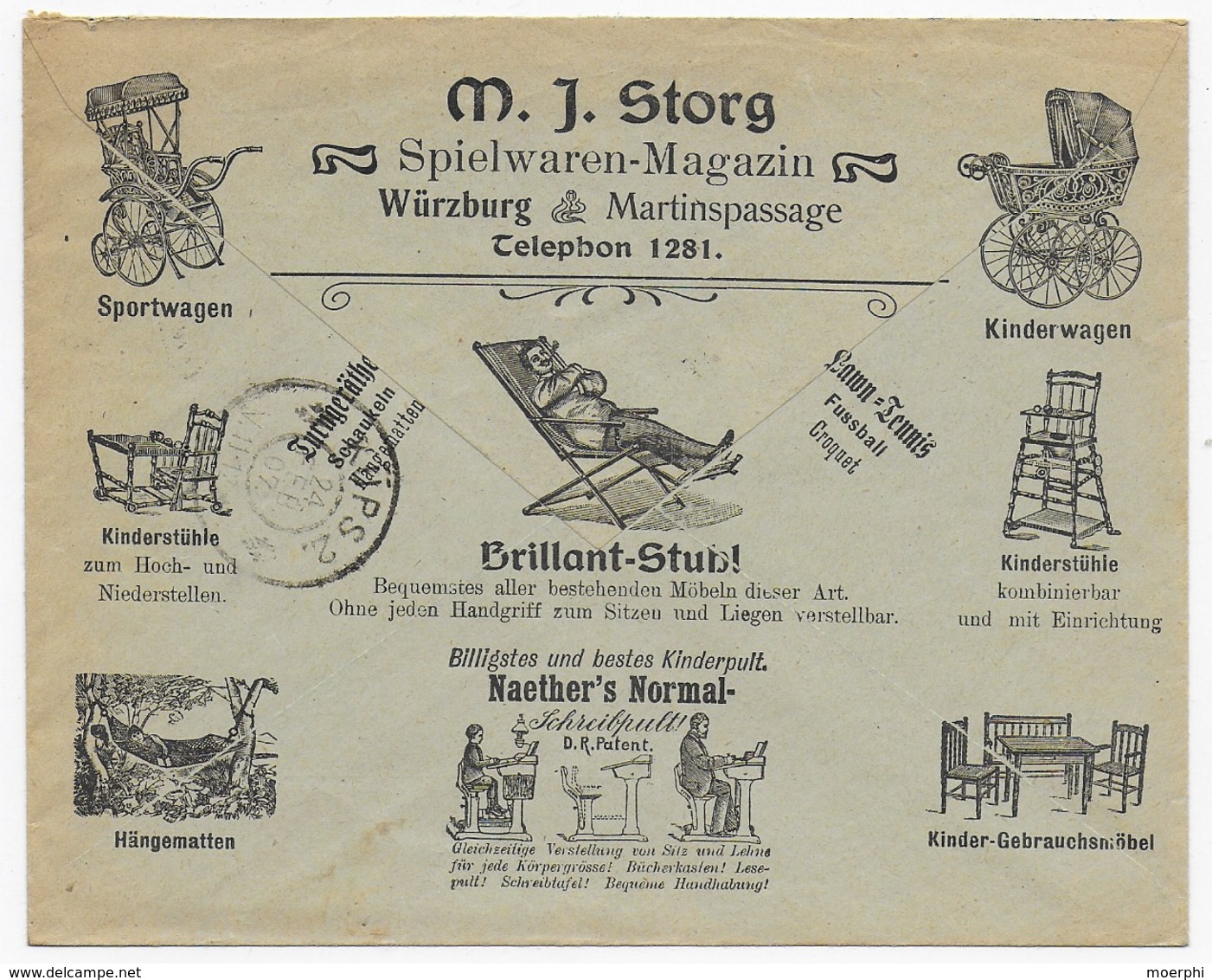 Werbebrief 1907 Spielwaren-Magazin Würzburg -Kinderwagen - Sportwagen - Puppen