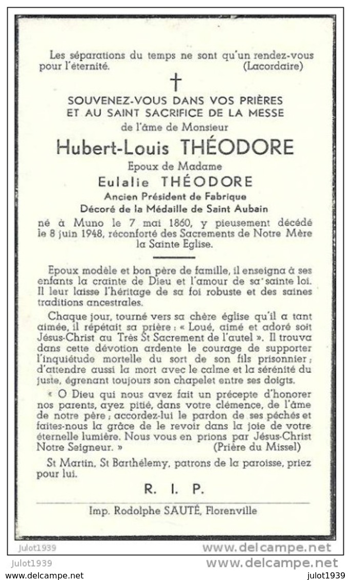 MUNO ..-- Mr Hubert THEODORE , époux De Mme Eulalie THEODORE , Né En 1860 , Décédé En 1948 à MUNO . - Florenville