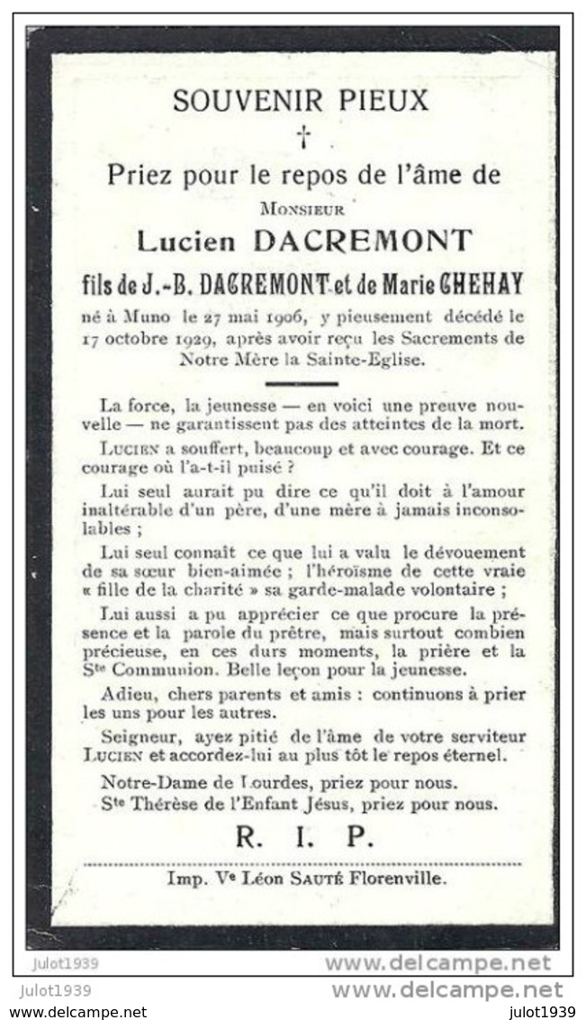 MUNO ..-- Mr Lucien DACREMONT , Né En 1906 , Décédé En 1929 à MUNO . - Florenville