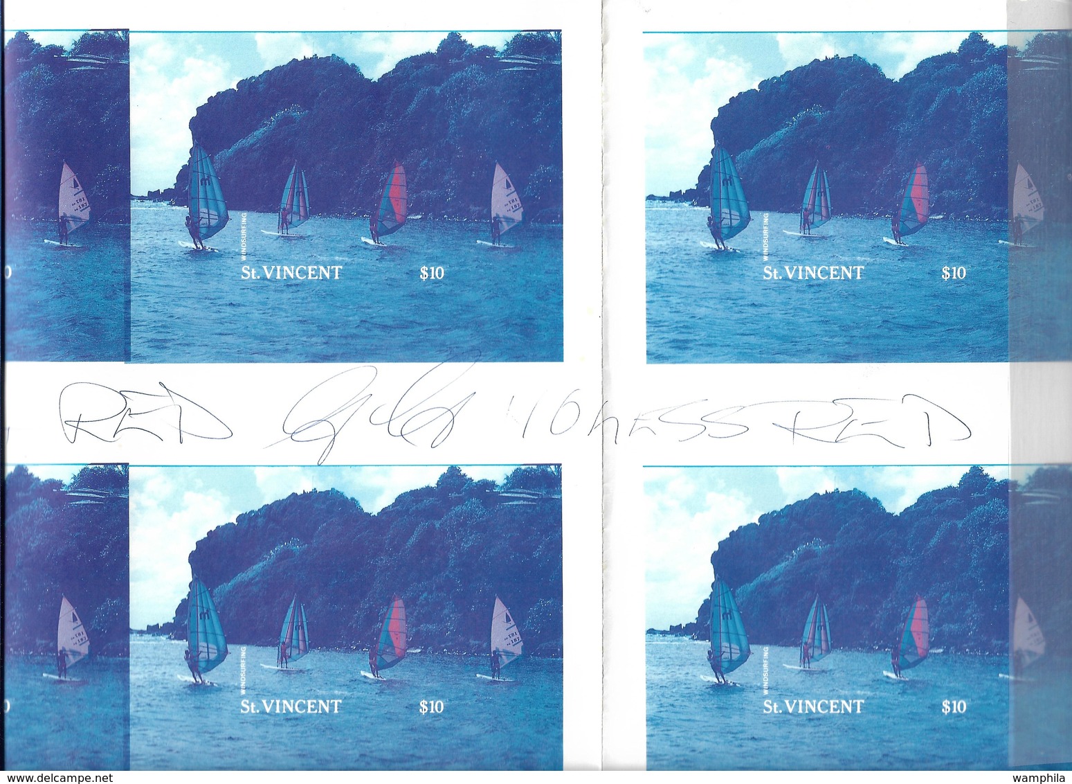 St Vincent Windsurf Bloc Feuillet N°42 éssai De Couleur Bloc De 8 Non Dentelé Sur Papier Gommé En Bleu Et Rouge.RARE. - St.Vincent (1979-...)