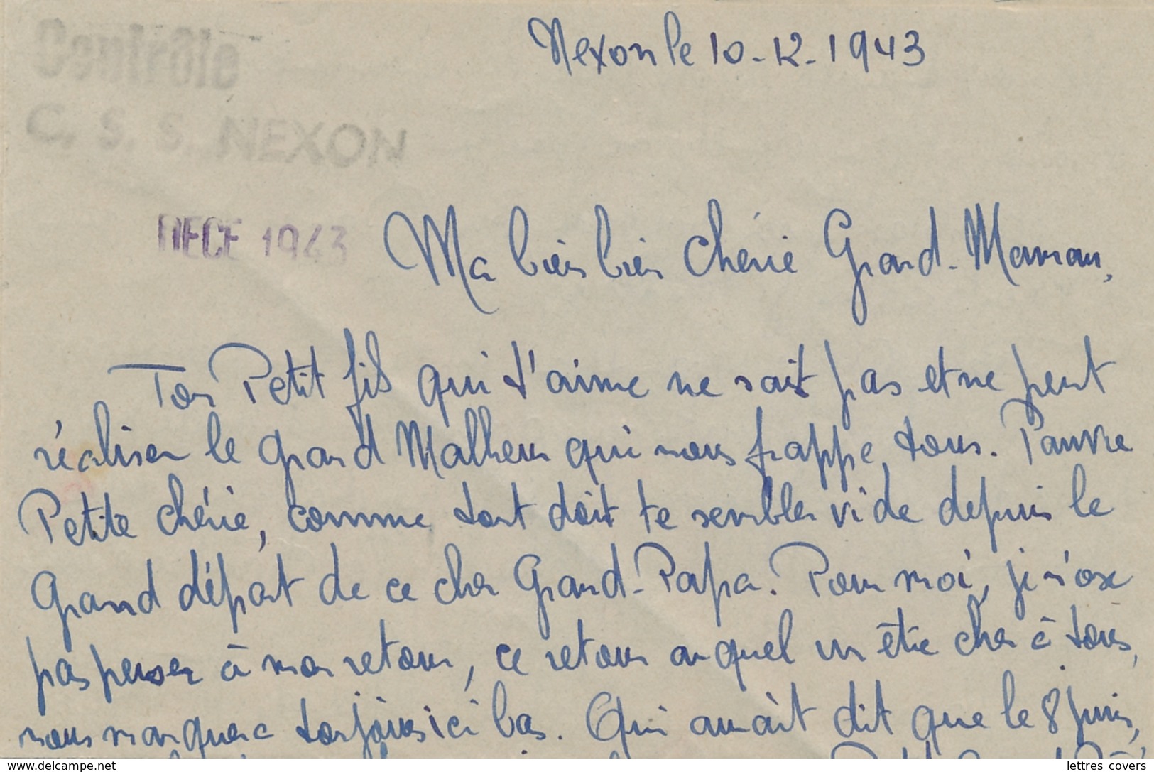 Griffe " Contrôle / C.S.S. NEXON " Lettre Datée Du CAMP De Concentration Nexon Haute Vienne 10/12/43 - INTERNÉS CIVILS - Historical Documents