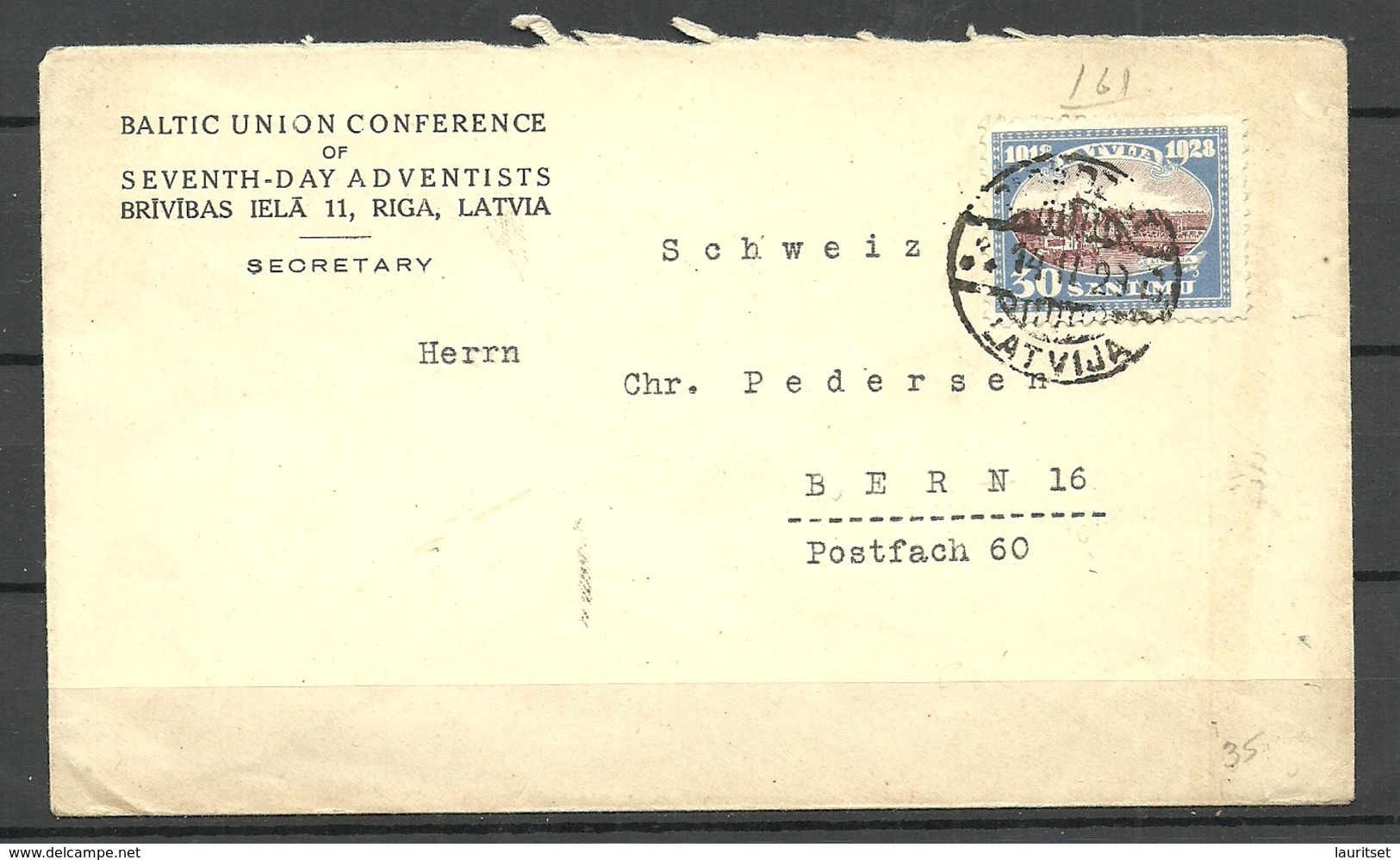 LETTLAND Latvia 1928 7th Day Adventists Cover To Bern Michel 135 As Single - Lettland