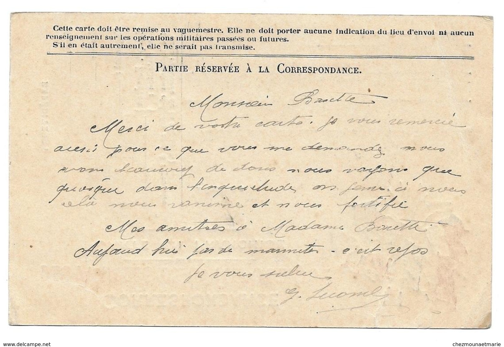 WWI LECOMTE SOLDAT 18 E RIT TRESOR ET POSTES 148 POUR BARETTE HOTEL PLACE CARNOT ROUEN - CPA CORRESPONDANCE MILITAIRE - Guerre 1914-18