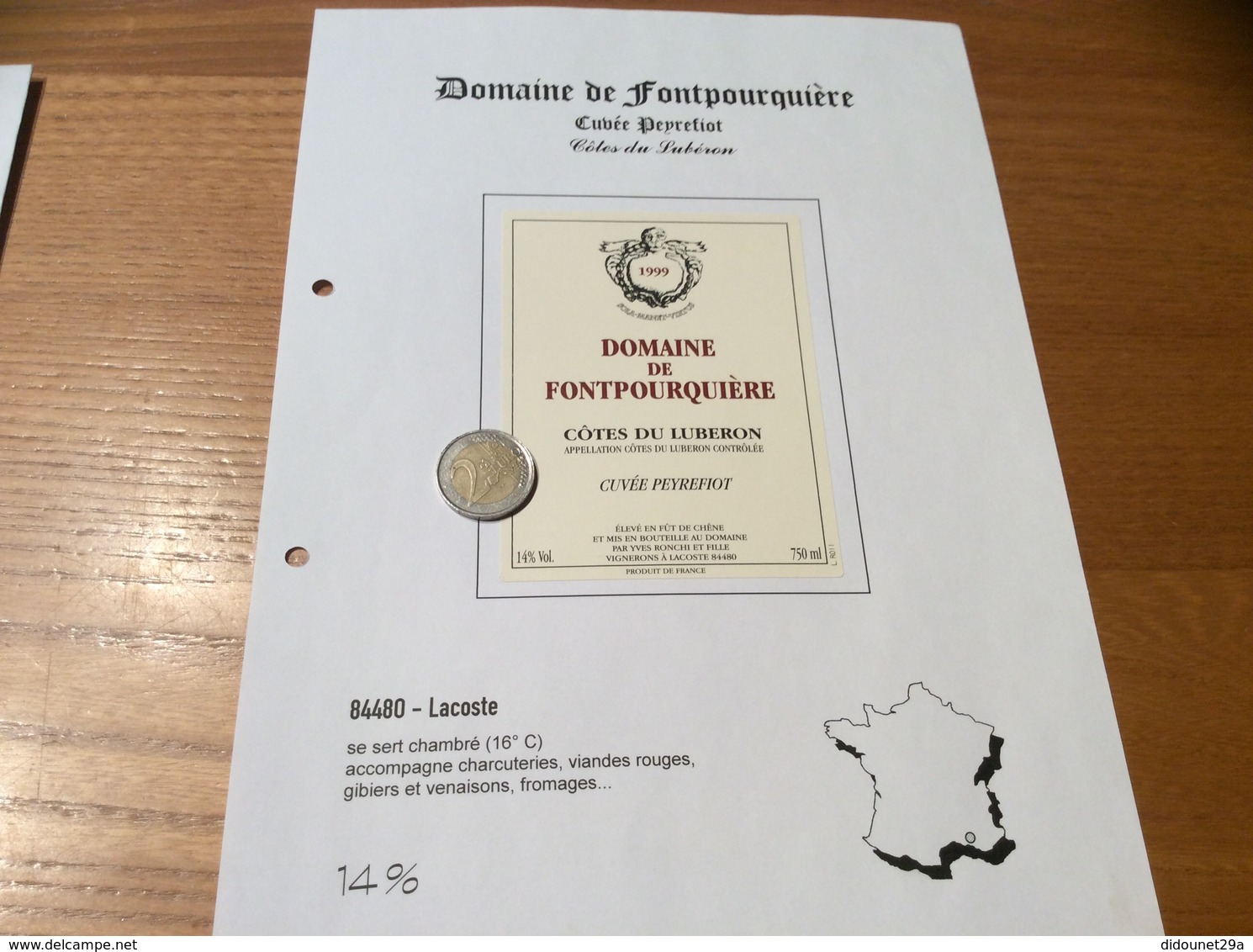 Étiquette De Vin 1999 «CÔTES DU LUBERON - DOMAINE DE FONTPOURQUIÈRE - CUVÉE PEYREFIOT -YVES RONCHI- LACOSTE (84)» - Côtes Du Rhône