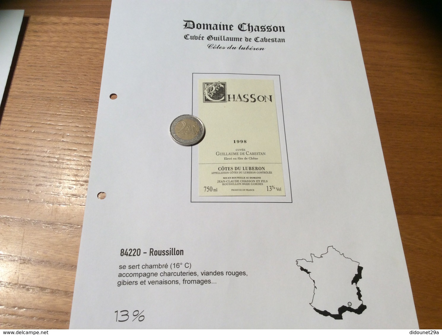 Étiquette De Vin 1998 «CÔTES DU LUBERON - DOMAINE CHASSON - CUVÉE GUILLAUME DE CABESTAN - Roussillon (84)» - Côtes Du Rhône