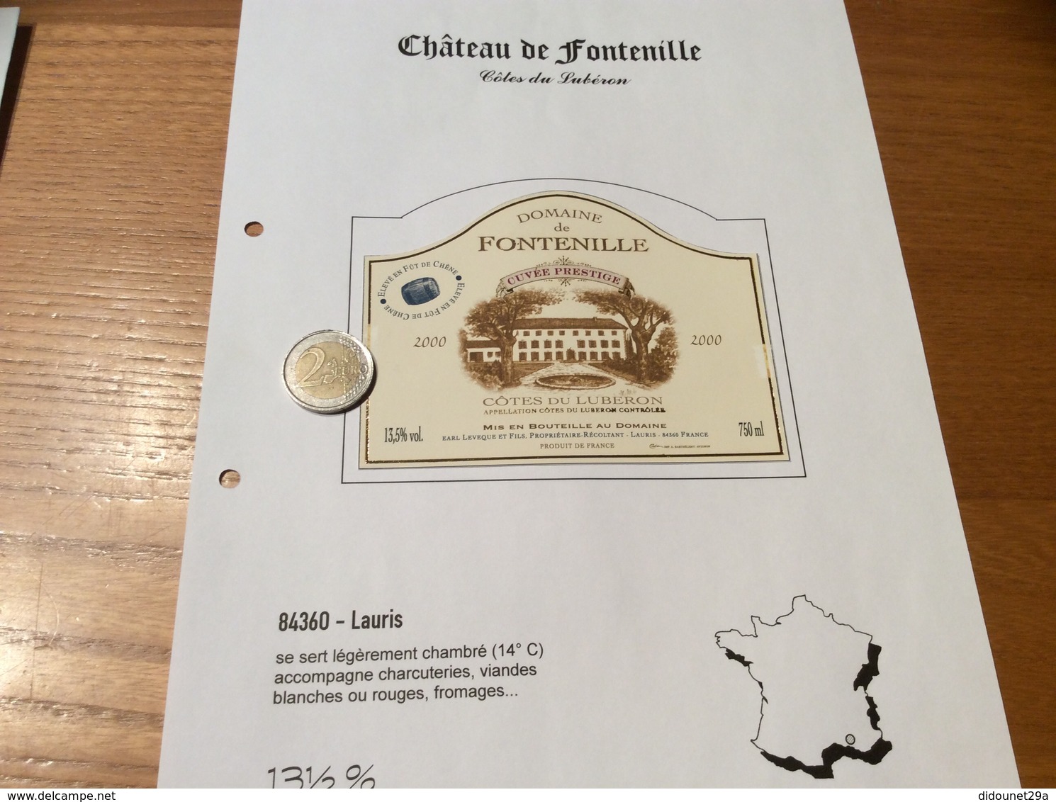 Étiquette De Vin 2000 «CÔTES DU LUBERON - DOMAINE DE FONTENILLE - CUVÉE PRESTIGE - LÉVÈQUE & FILS - Lauris (84)» - Côtes Du Rhône
