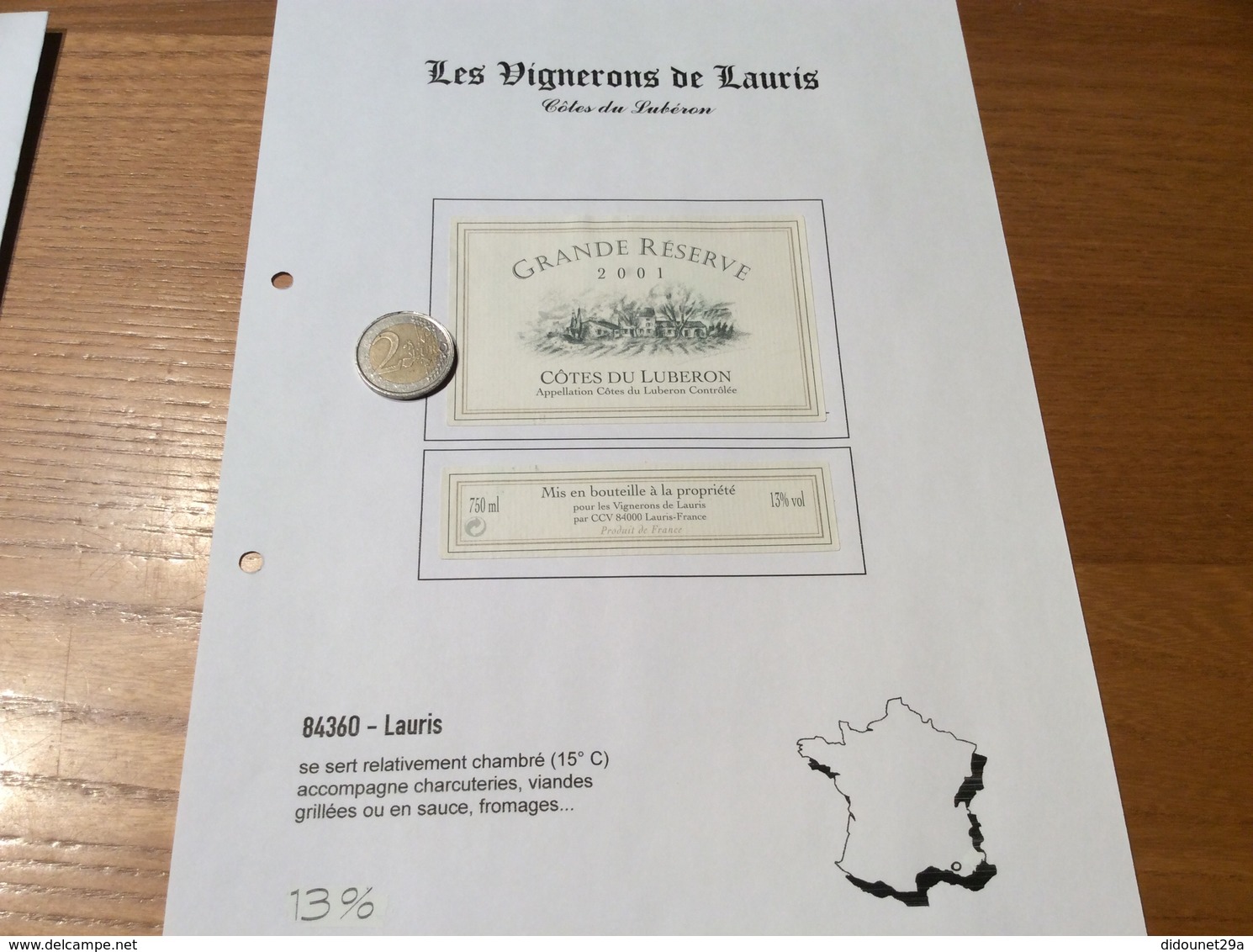 Étiquette De Vin 2001 «CÔTES DU LUBERON - GRANDE RÉSERVE - Les Vignerons De Lauris (84)» - Côtes Du Rhône