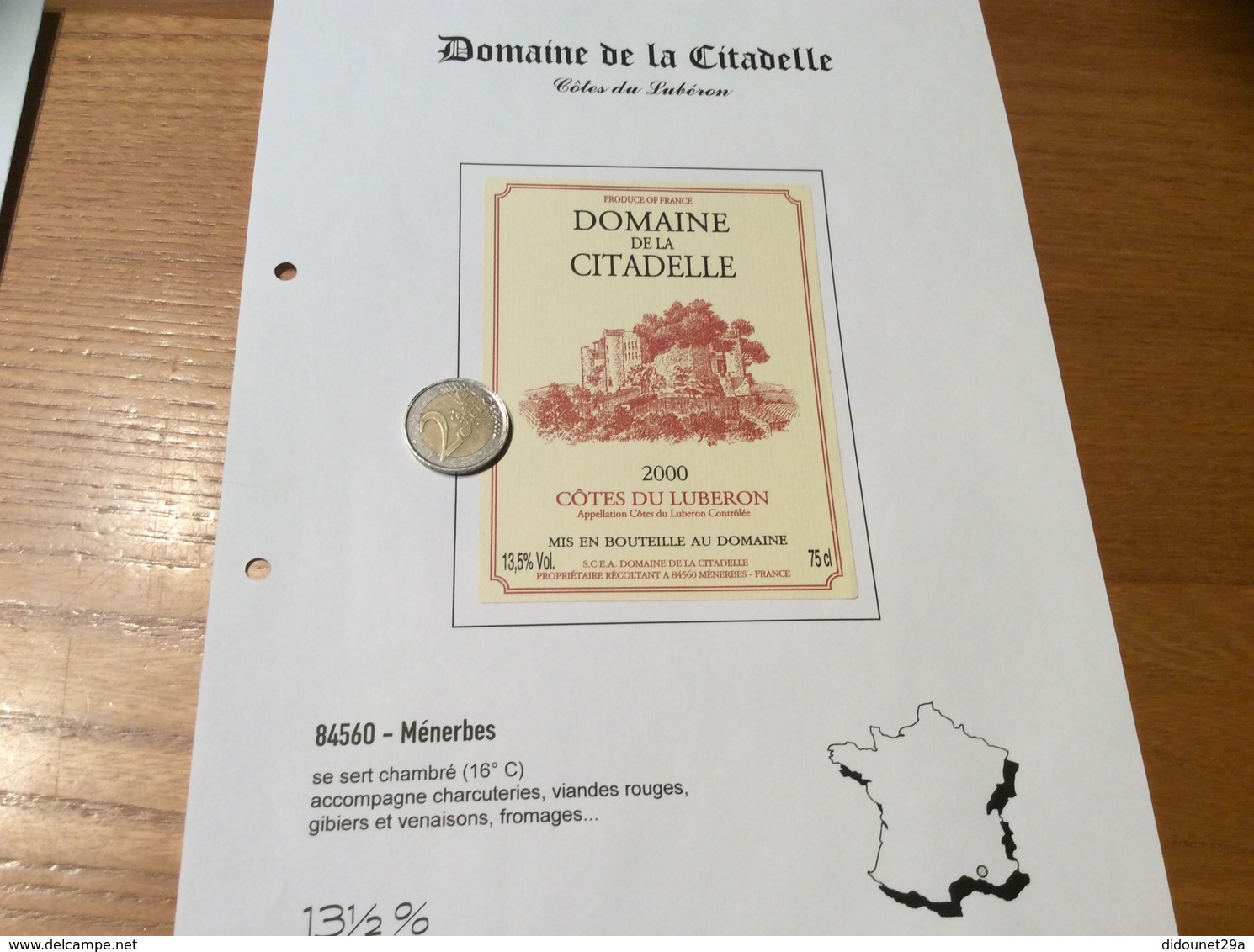 Étiquette De Vin 2000 «CÔTES DU LUBERON - DOMAINE DE LA CITADELLE - MÉNERBES (84)» - Côtes Du Rhône
