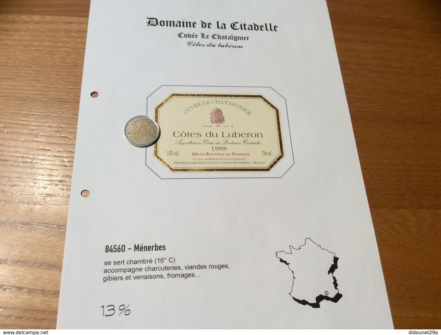 Étiquette De Vin 1998 «CÔTES DU LUBERON - DOMAINE DE LA CITADELLE - CUVÉE LE CHÂTAIGNIER - MÉNERBES (84)» - Côtes Du Rhône