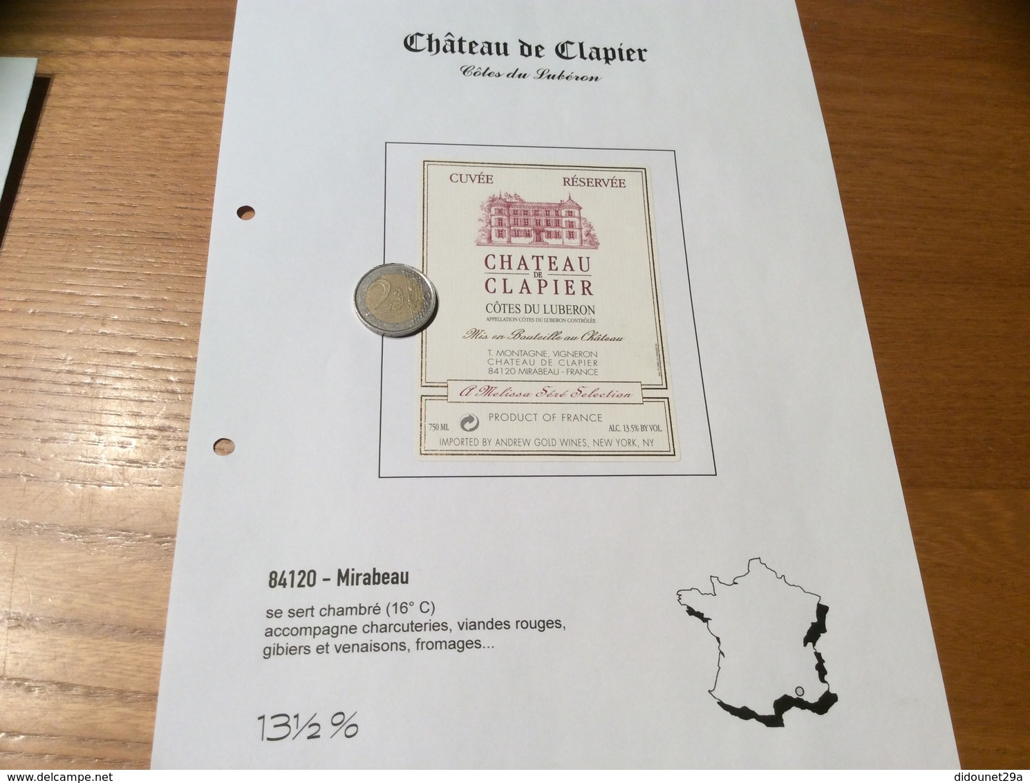 Étiquette De Vin «CÔTES DU LUBERON - CHATEAU DE CLAPIER -Melissa Séré Selection- Mirabeau (84)» Export. USA (NEW YORK) - Côtes Du Rhône