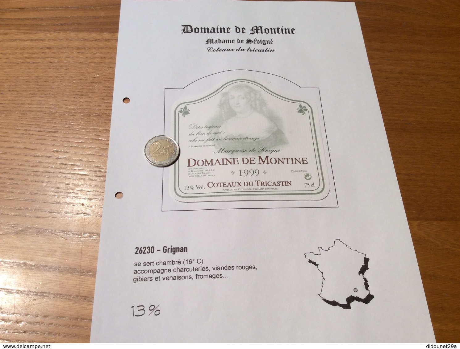 Étiquette De Vin 1999 «COTEAUX Du TRICASTIN - DOMAINE DE MONTINE -Marquise De Sévigné -LA GRANDE TUILIERE -GRIGNAN (26)» - Côtes Du Rhône