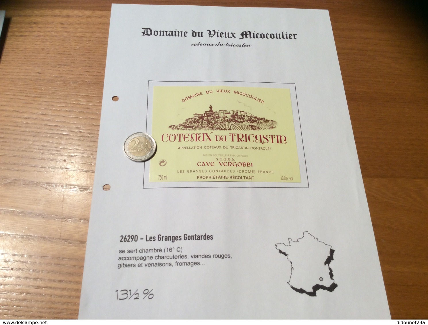 Étiquette De Vin «COTEAUX Du TRICASTIN - DOMAINE DU VIEUX MICOCOULIER - Cave VERGOBBI - LES GRANGES GONTARDES (26)» - Côtes Du Rhône