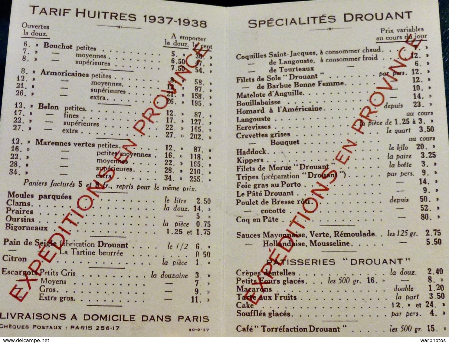 MENU _ Restaurant _ DROUANT Est _ HUITRES FINES _ PARIS 1937 - Menus