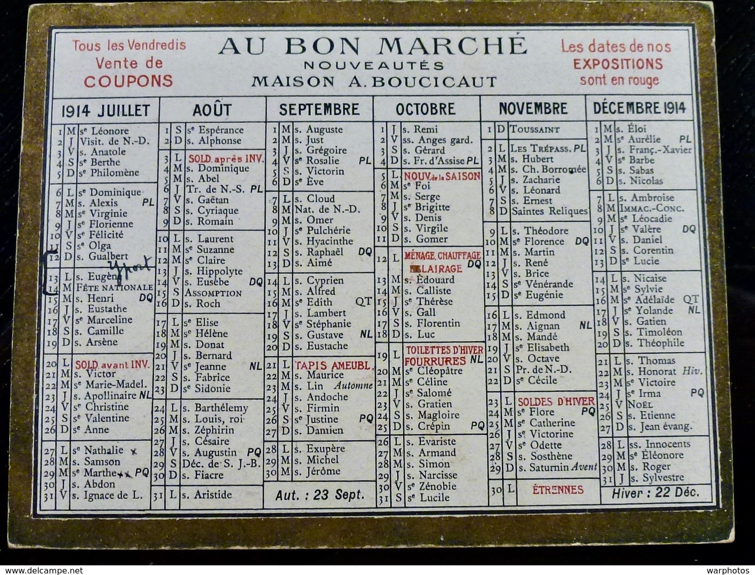 CALENDRIER Petit Format _ 1914 _ AU BON MARCHE _ MAISON BOUCICAUT - Petit Format : 1941-60