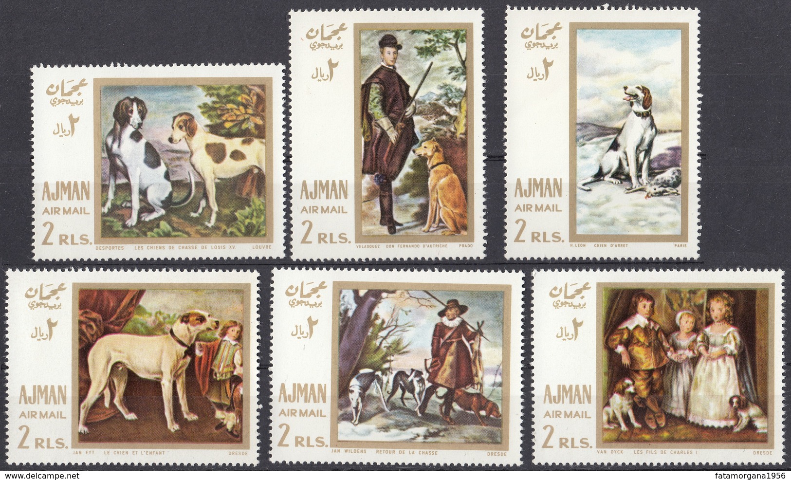 AJMAN - 1968 - Serie Completa Nuova MNH, 6 Valori Raffiguranti Quadri Con Cani, Yvert Posta Aerea 32. - Ajman