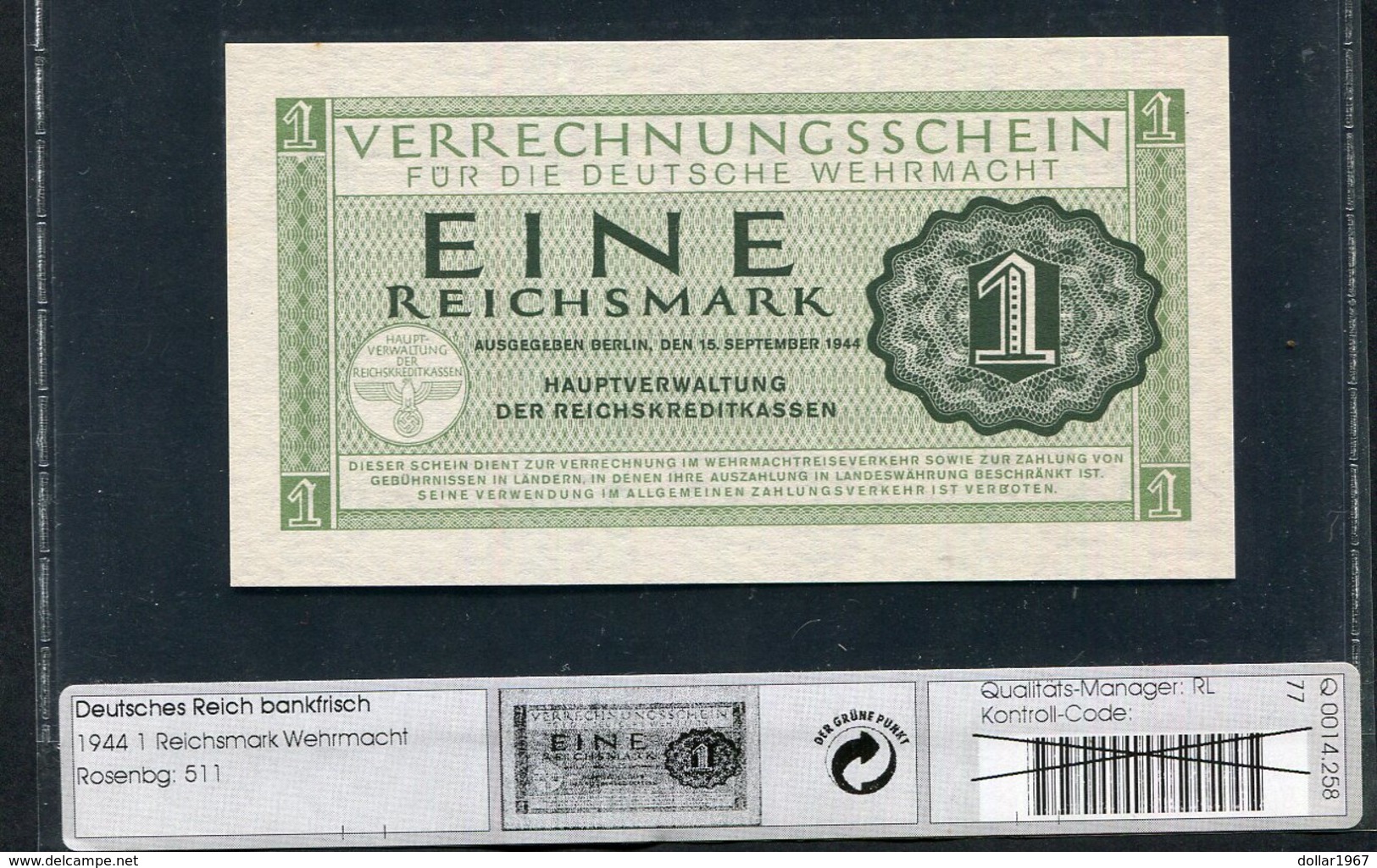 1 Reichsmark Verrechtnungsscheine , Wehrmacht 1944 - See The 2 Scans For Condition.(Originalscan ) - Other & Unclassified