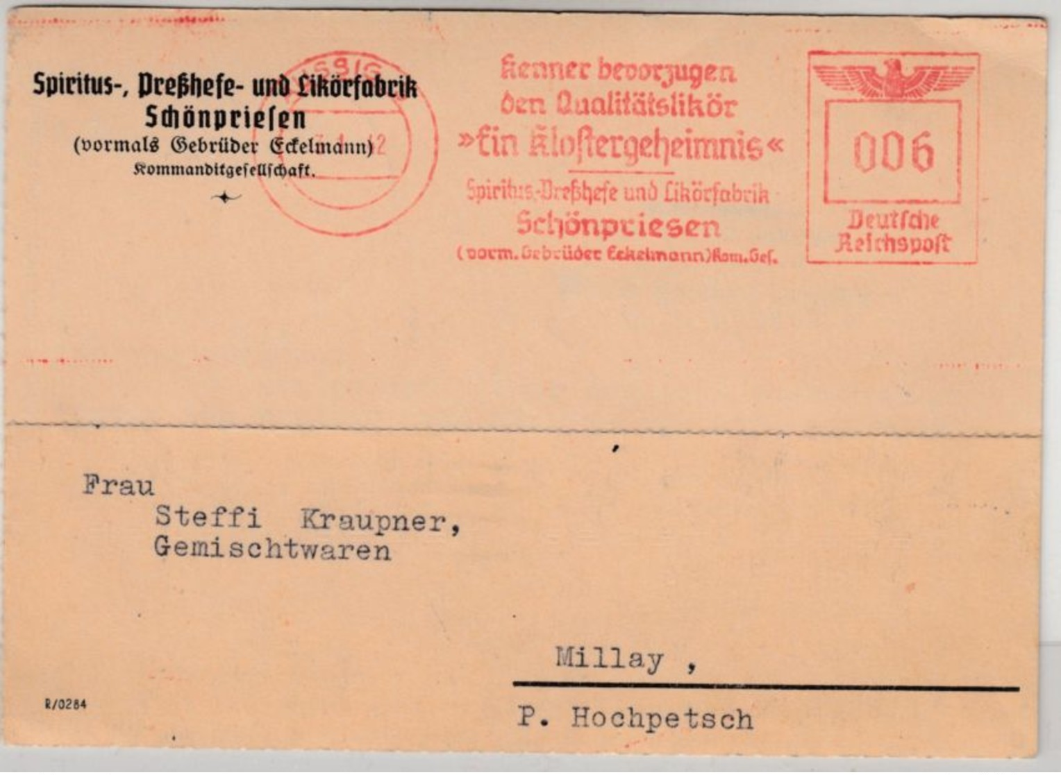 DR - Aussig 1942 6 Pfg. AFS "Klostergeheimnis" (Likör), Karte N. Millay - Franking Machines (EMA)