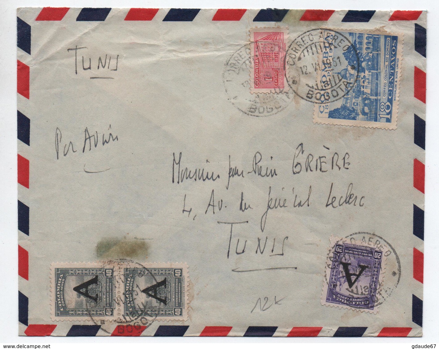 1951 - ENVELOPPE De BOGOTA (COLOMBIE / COLOMBIA) Pour TUNIS - Kolumbien