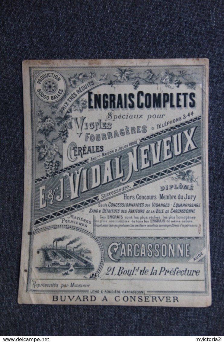 Superbe Buvard  Publicitaire Ancien : CARCASSONNE, E.J VIDAL NEVEUX : Engrais Complets Vignes , Fourragères - Agricultura