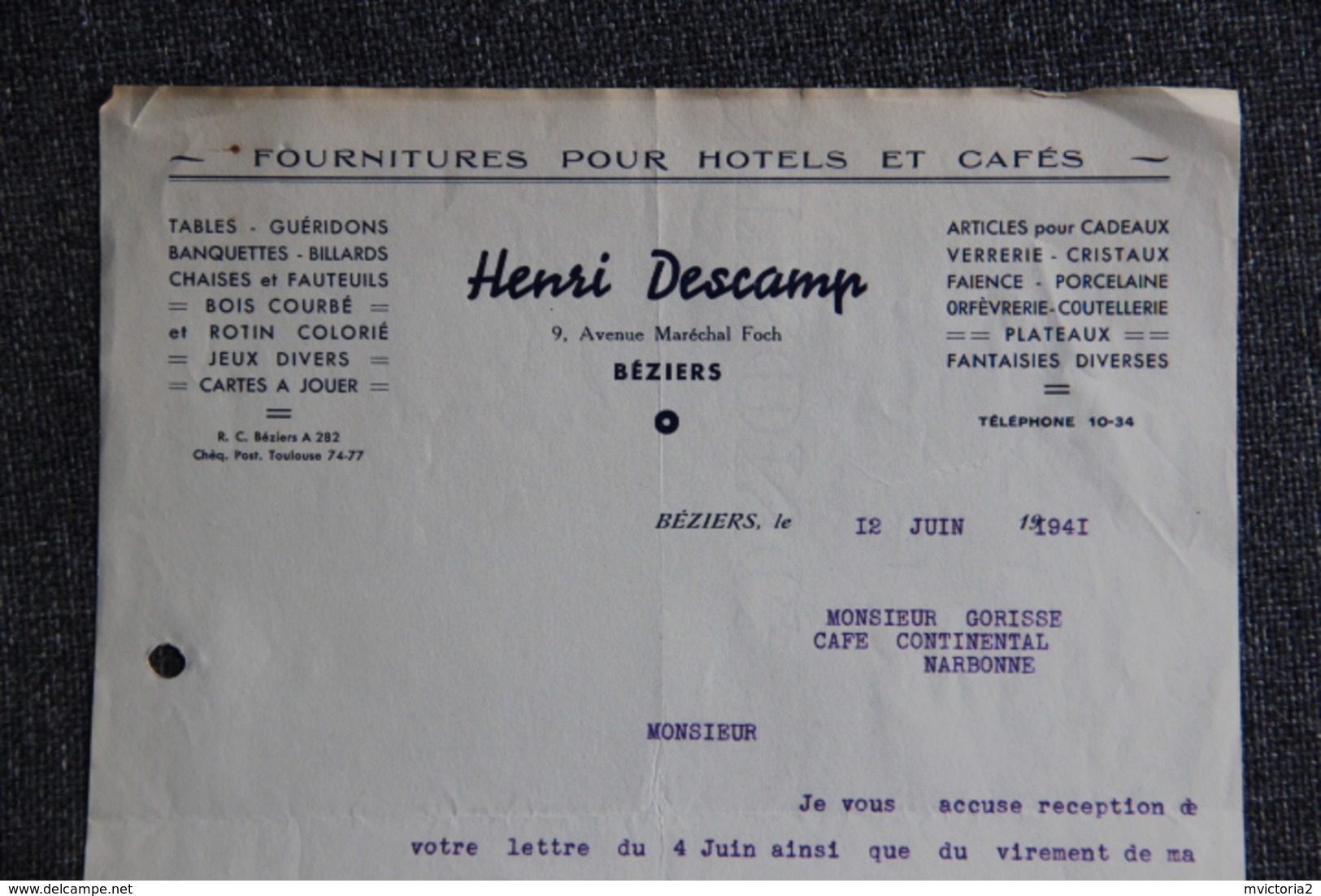 Facture Ancienne - BEZIERS, Henri DESCAMP,Fournitures Pour Hôtels Et Cafés - 1900 – 1949