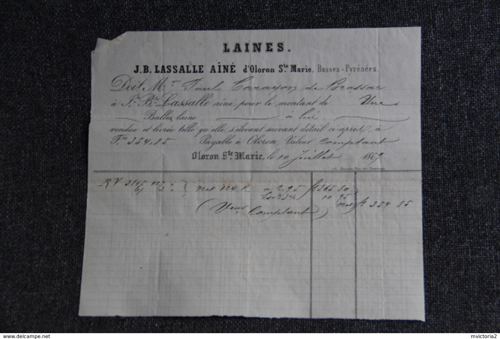 Facture Ancienne - OLORON STE MARIE, J.B .LASSALLE AINE, Laines. - 1800 – 1899