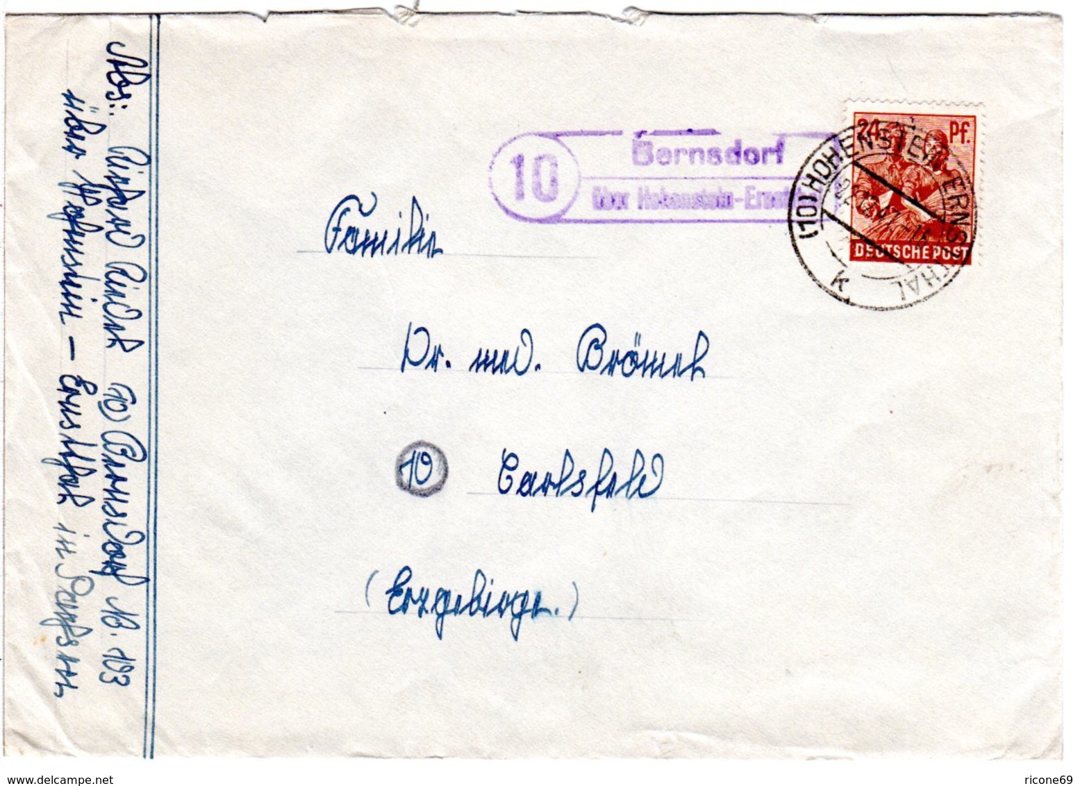 1947, Landpost Stpl. 10 BERNSDORF über Hohenstein-Ernstthal Auf Brief M. 24 Pf. - Sonstige & Ohne Zuordnung